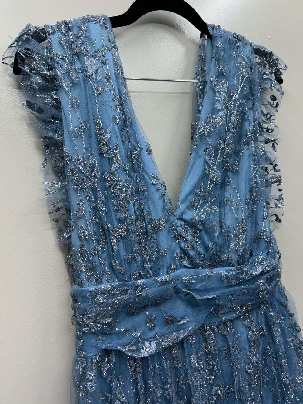 Baltic Born Blue Sequin Embroidered Flutter Sleeve Maxi Dress Size M - Picture 5 of 11
